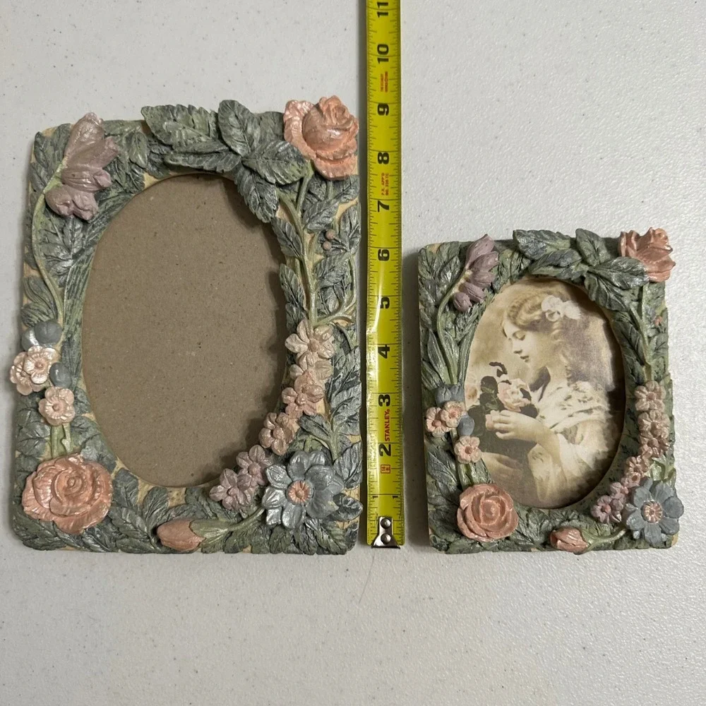 Vintage Floral Resin Picture Frame Set 3D Dimensional Rose Leaf Victorian Design